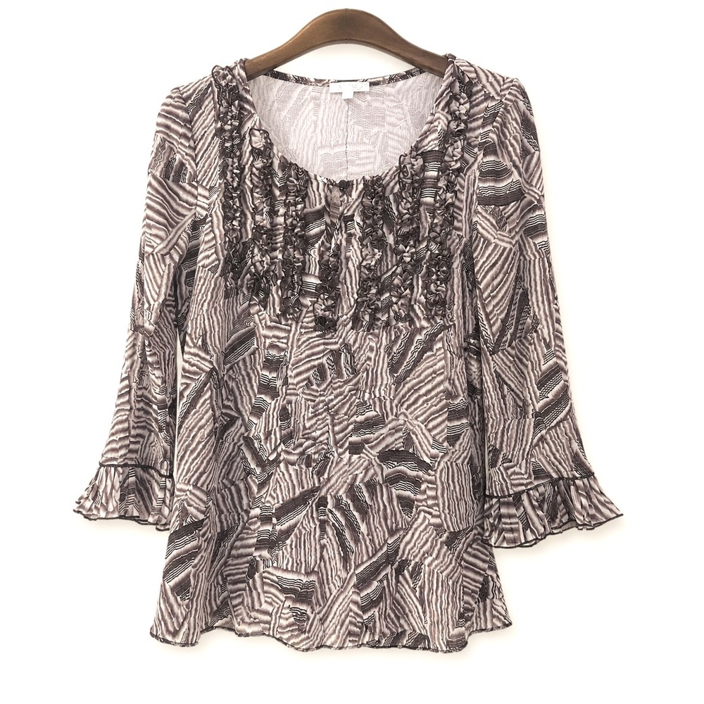 Ubu Top Size M Y2K Black Cream Taupe Ruffle Yoke Abstract Print Artsy Boho